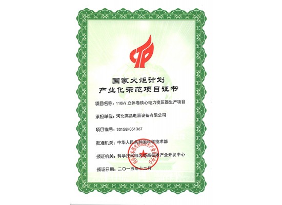 國家火炬計劃產業化項目證書